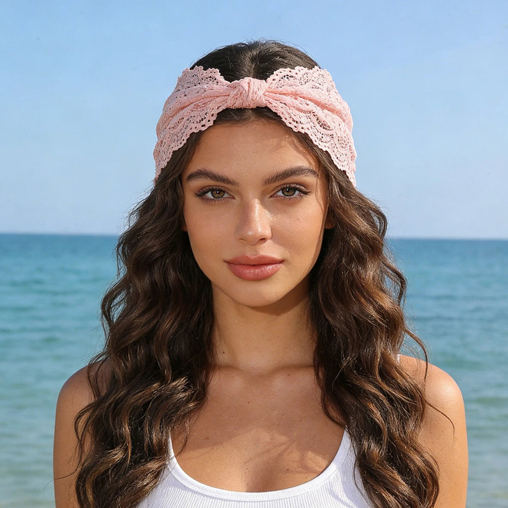 AWAYTR  Solid Color Lace Elastic Headbands Fashion Fabric Bow Wide Headband Hair Accessories For Women Knotted Hair Band