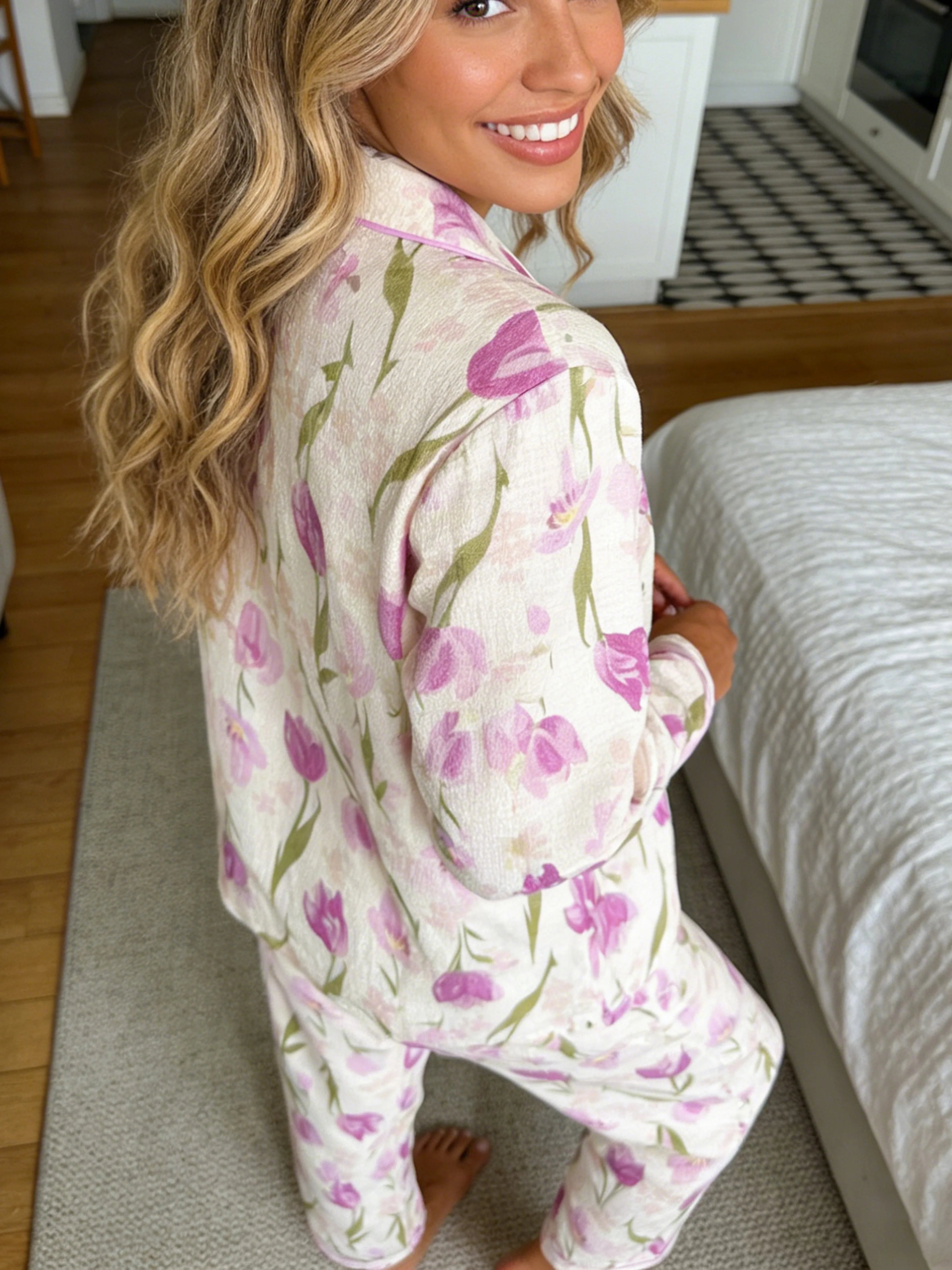 Women Pajamas Notch Lapel Long Sleeve Pants 2 Piece Set Spring Fall Winter Cute Tulip Print Homewear