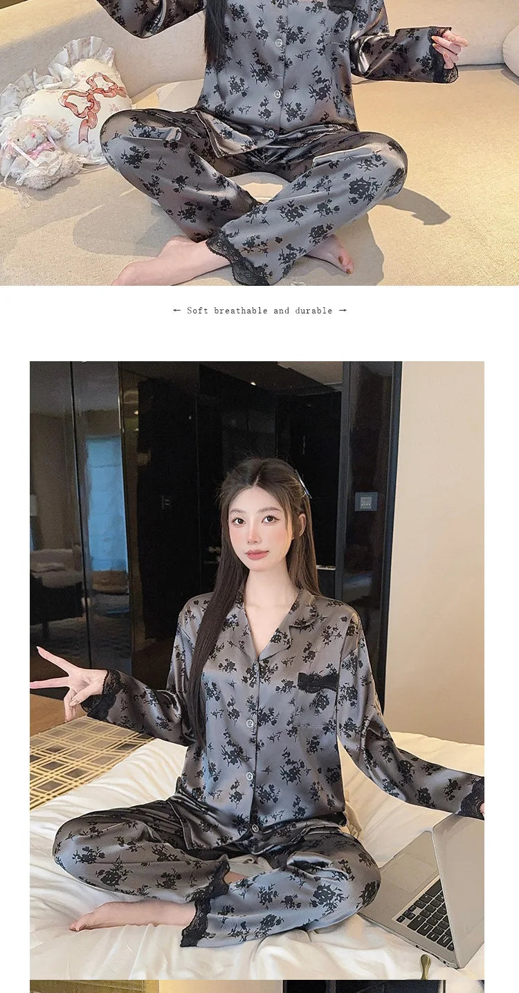 Spring New Women's Long Sleeved Ice Silk Sleepwear Home Suit Set with Floral Lace Loose Sleepwear Home Suit Long Sleeved Set