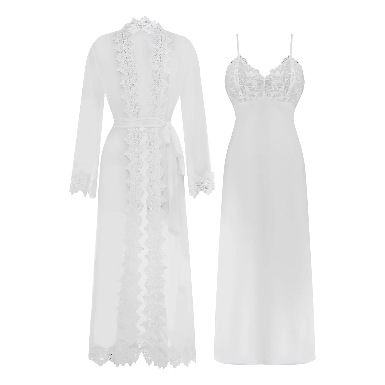 Womens Floral Lace Nightgown Set Long Sleeve Sheer Mesh Robe with Backless Satiny Sling Dress Gown Belt for Bride Wedding Night