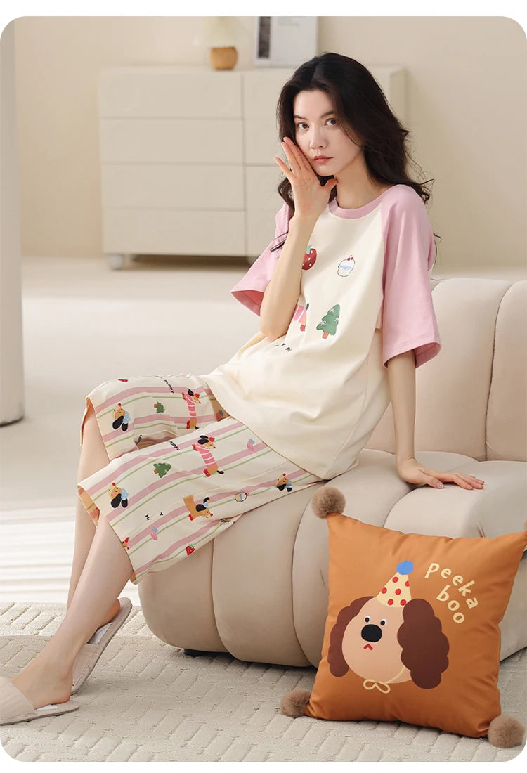 MiiOW 2Pcs Summer Women's Pajamas Set Cotton Short Sleeve Woman Homewear Cute Pink Patchwork Print Girls Pajamas Woman Sleepwear