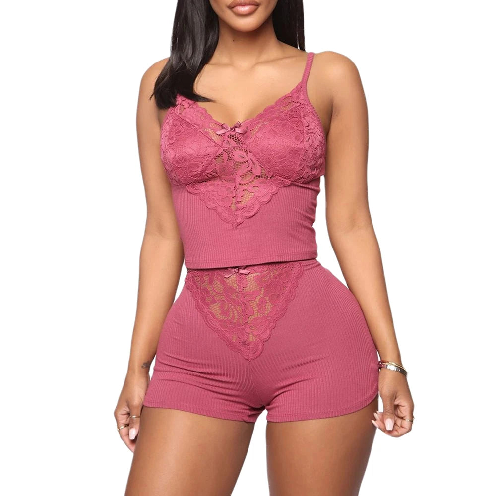 Ladies Summer Pajamas Two Pieces Sexy Pajamas For Women Suspenders Lace Camis And Short Pajamas Set V Neck Home Clothing Suit