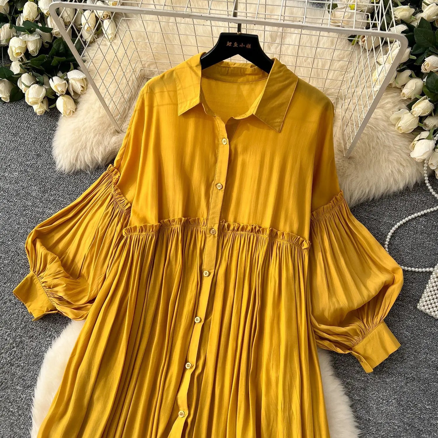 Pleated Dress Women Long Dresses A Line Vestidos Streetwear Lantern Sleeve Elegant Splice Y2k Single Breasted Loose Summer 2025