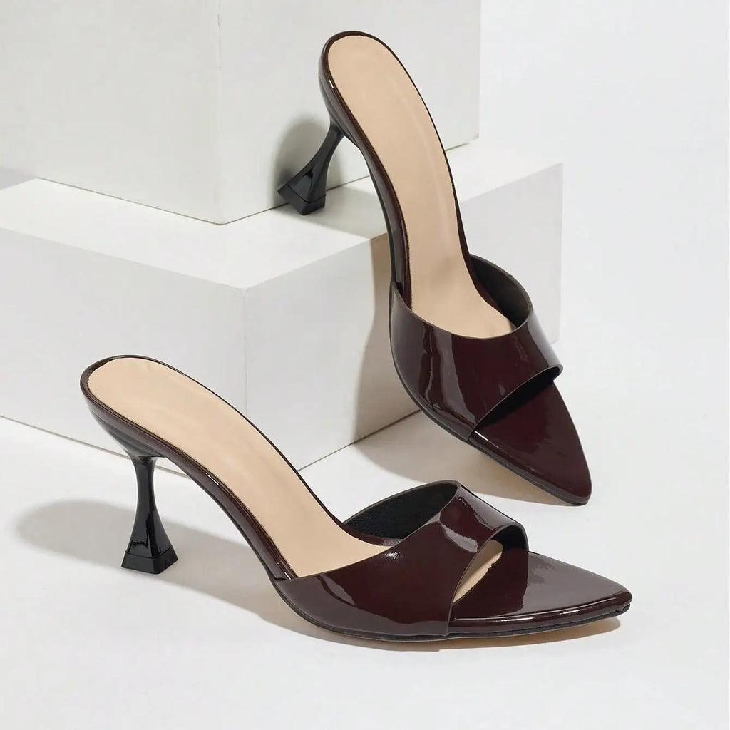 New Ladies Pointed Toe Mirror Surface Sandals High Heels Coffee Brown Strap Thin High Heel slippers Women 2026