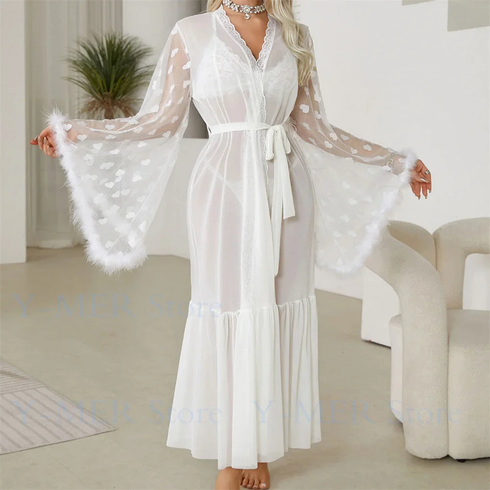 Sexy Bride Wedding Dress Soft Mesh Lace Flower Robe Long Kimono Nightwear Loose Bathrobe Feather Trim Big Sleeve Nightgown