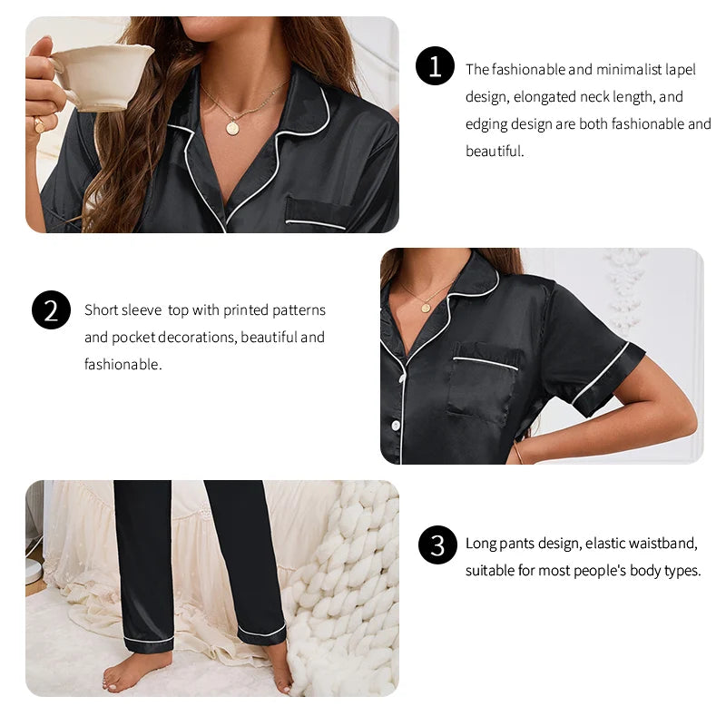 Women Pajamas Sets Spring Short Sleeve Satin Button-Down Top with Pants 2 Piece Pajama Set Sleepwear Pj Set Homewear Loungewear