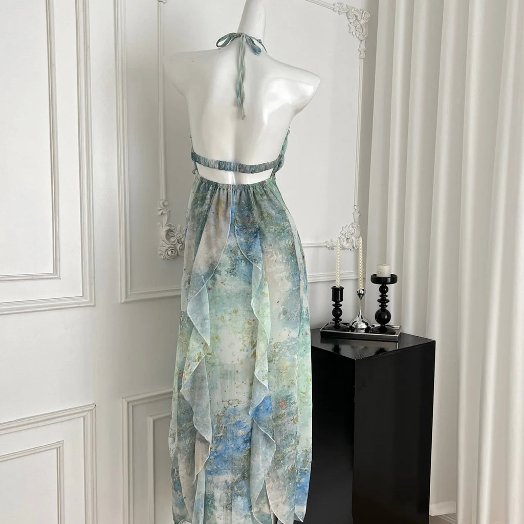 2025 Elegant Halter Neck Ruffled Maxi Dress Women Blue Green Floral Print Bohemian Design Beach Vacation Casual Party Dress New