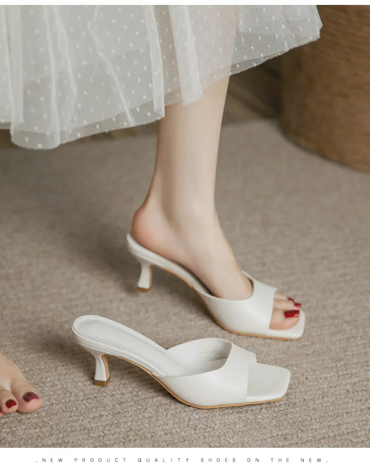 Genuine Leather French Slim Heel Slippers for Women's Summer New Fashionable Sandals Women Sweet Round Toe Slipper Ladies Shoes