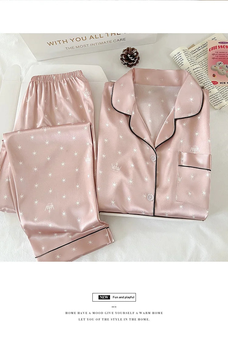 New Japanese-Style Sweet Girl Floral Print Ice Silk Pyjama Set Women's Spring/Autumn Long-Sleeved Top and Trousers Homewear Set