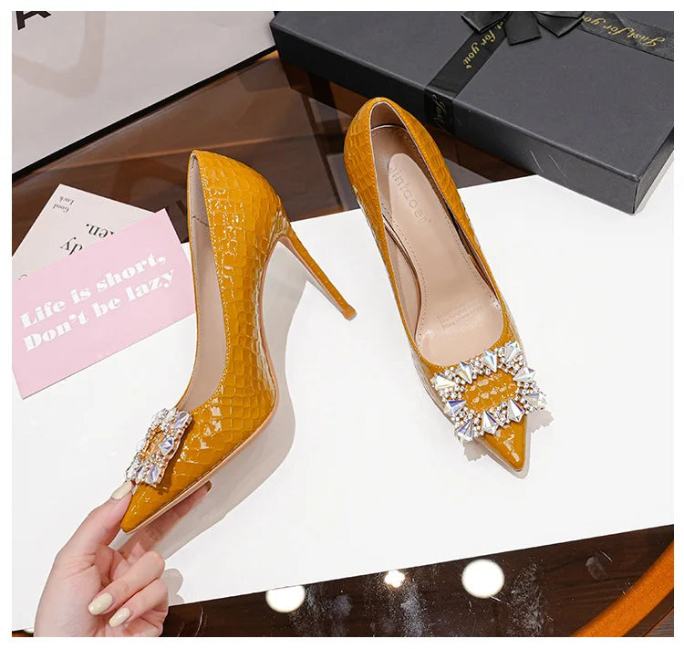 FyLuan New Fashion Women Pumps Rhinestone Square Ladies Shoes Pointed Beaded Female High Heels Sexy Comfortable Lady Stiletto