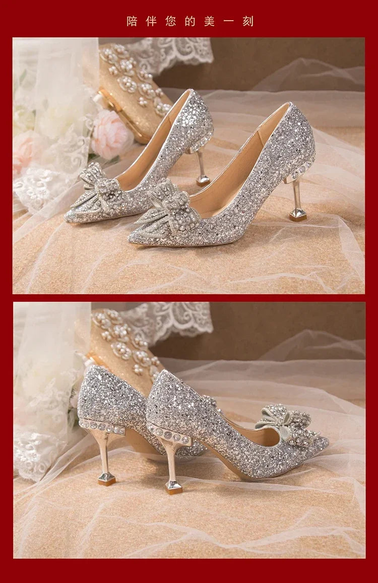 New  Women's Rhinestone Wedding Shoes Year Shoes Luxury Buckle Decorative Banquet Women's Shoes High Heels Gold Silver Red