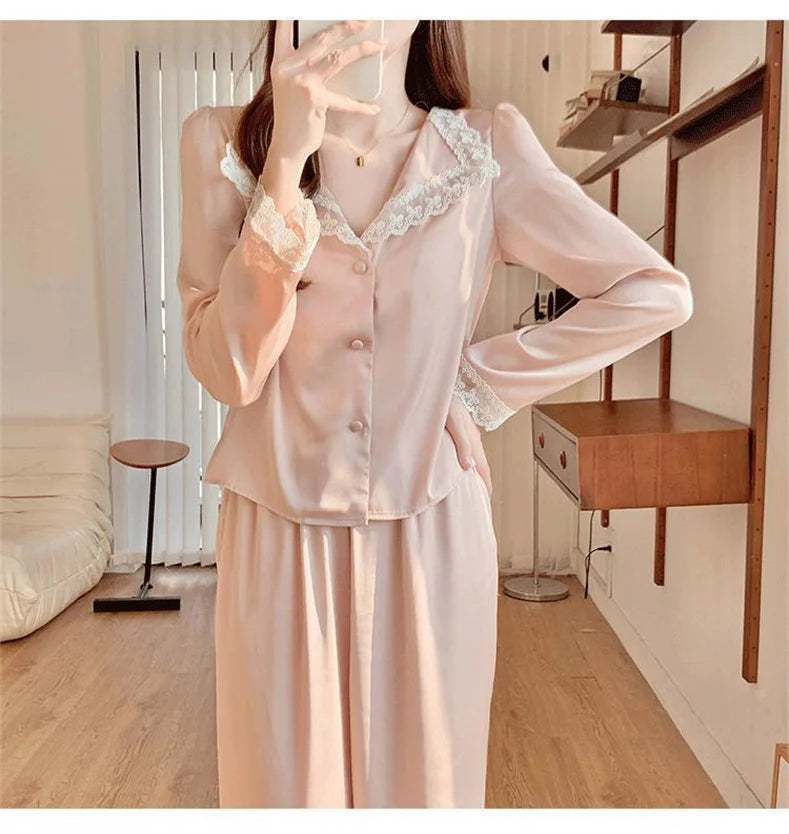 Two Piece Pajamas Set Women Satin Nightwear Home Clothes Spring Autumn Long Sleeve Shirt&pants Sleepwear Suit
