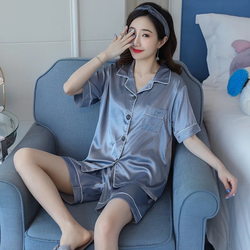 Women Silk Satin Pajamas Set Two-piece Pj Sets Sleepwear Loungewear Button-Down Pajama Women 2 Piece Pijama Homewear Shorts Set