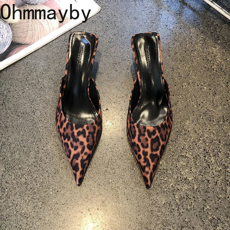 Spring Summer Women Pointed Toe High Heel Slippers Fashion Leopard Print Mules Slide Ladies Evening Party Dress Sandalias