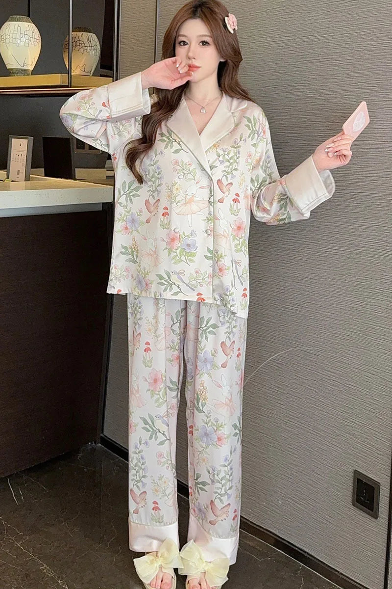 Print Flower 2PCS Top&pants Pajamas Lady Sweet Cute Home Clothes Spring Summer New Pijama Mujer Sexy Loose Sleepwear Women Pjs