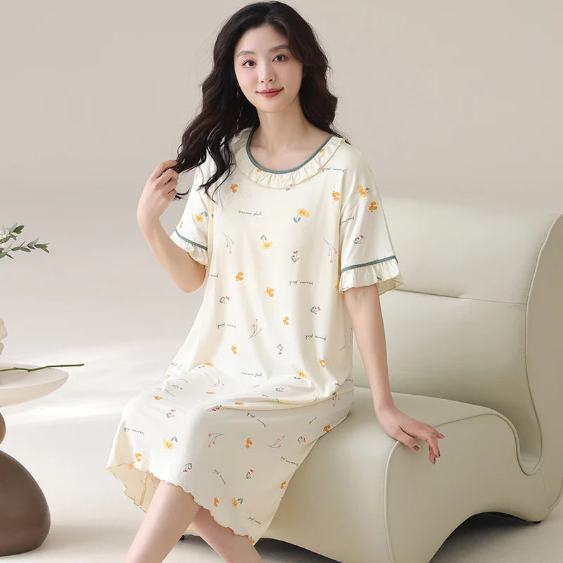 Women Modal Nightdress Small Flower Sleep Dress Short Sleeve Sleepshirt Ruffles Nightshirt Nightgown Sleepwear 4XL5XL Home Dress