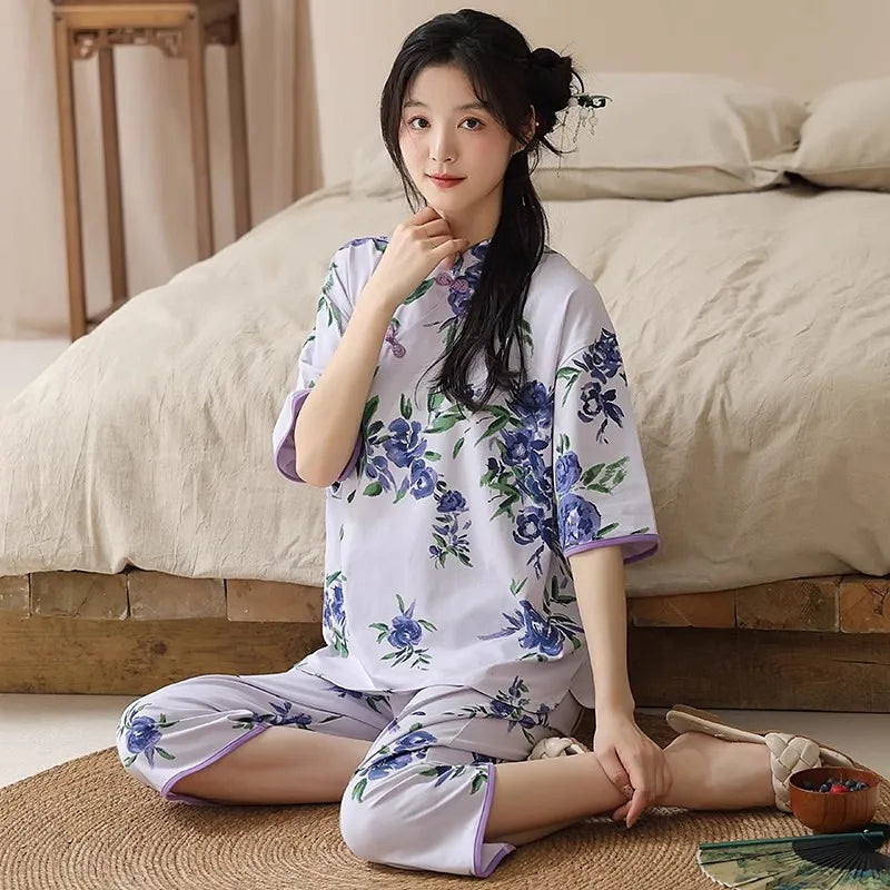 Gentle Floral Print Pajama Set Short Sleeve Top And Capri Pants Suit Vintage Women's Summer Sleepwear Loungewear Home Clothes
