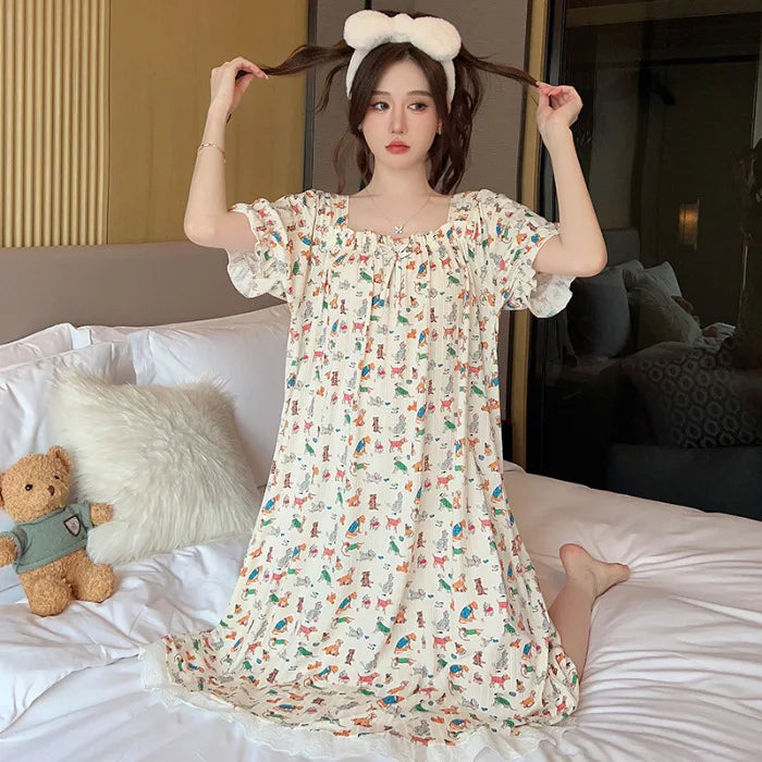 M-5XL Plus Size Sleep Dress for Women Korean Sweet Summer Sleepwear Students Cute Print Nightgown Pajama Sleepshirt Home Clothes
