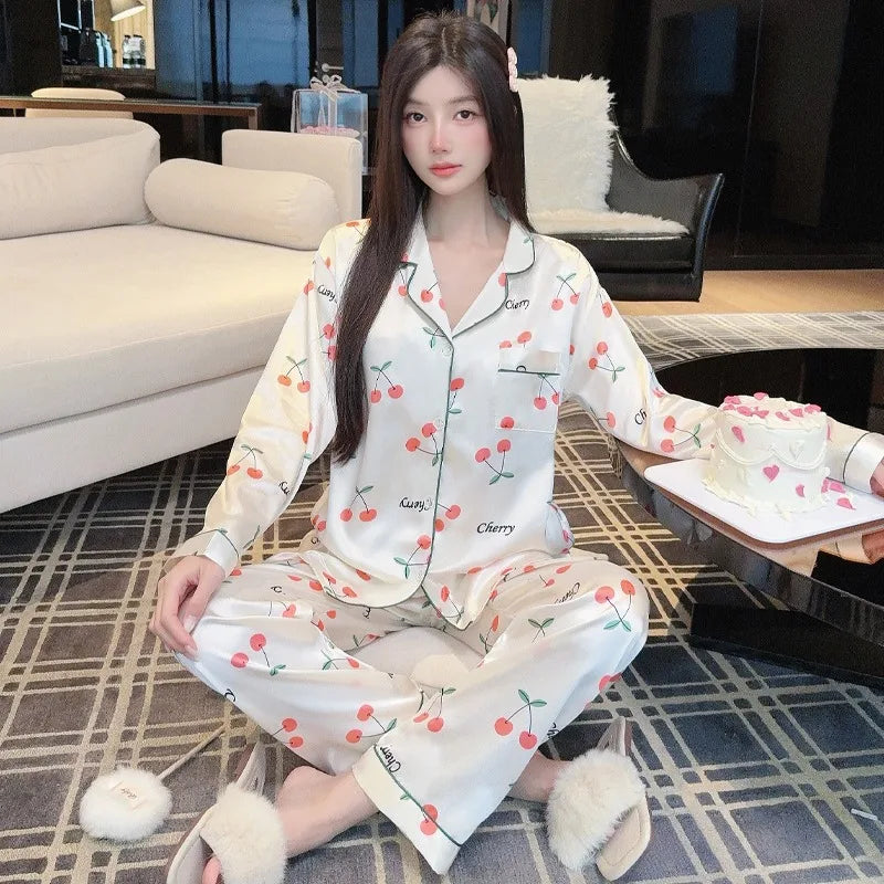 Sweet Cherry Print Satin Long Sleeve Pajama Set Soft Comfortable Loungewear for Women