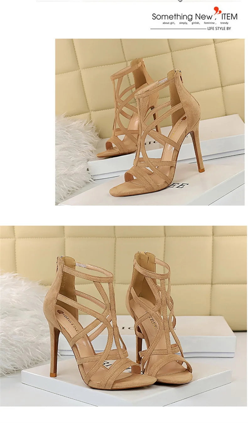 Women Roman style Thin High Heels Pumps Pointed Toe Suede Hollow Strap Party Shoes Solid Solid Ankle Zip Summer Sandals