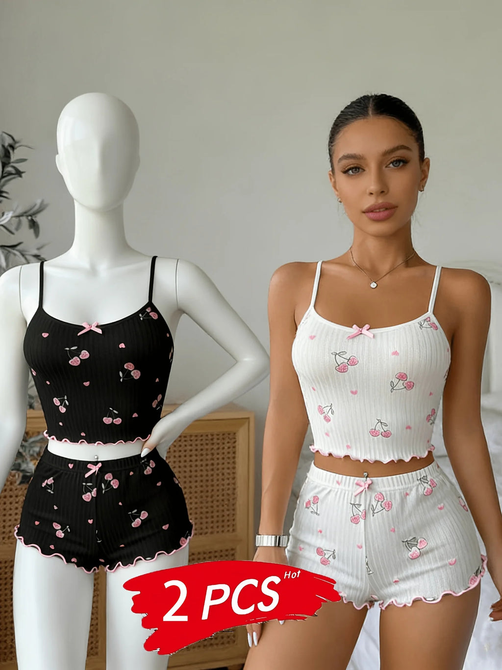 European American Style Cherry Print Sweet Suspender Shorts, Pure Desire Pajamas, Multifunctional for Yoga, Homewear, Beach Cove