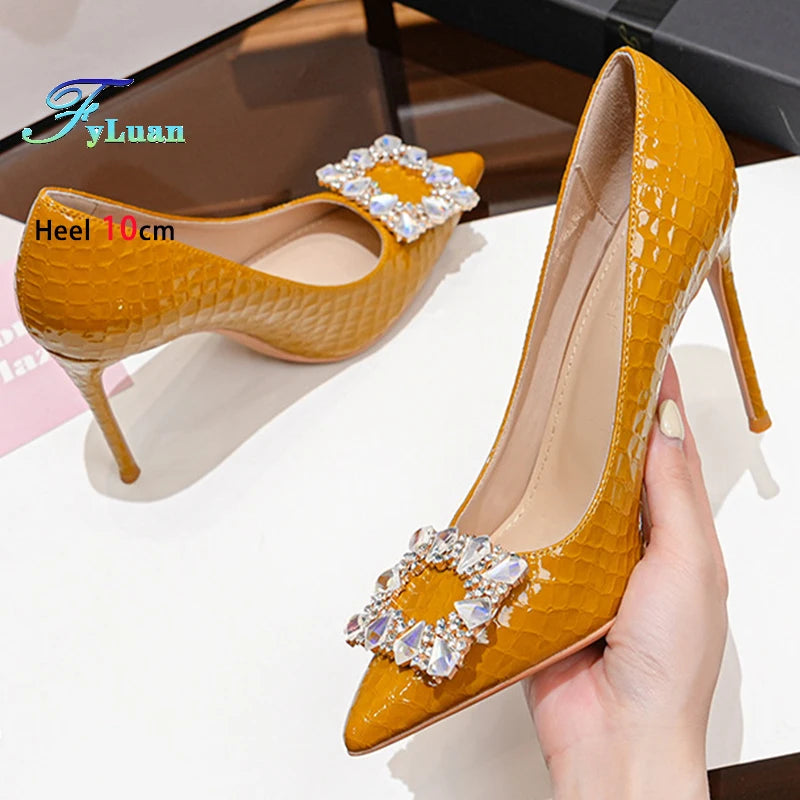 FyLuan New Fashion Women Pumps Rhinestone Square Ladies Shoes Pointed Beaded Female High Heels Sexy Comfortable Lady Stiletto