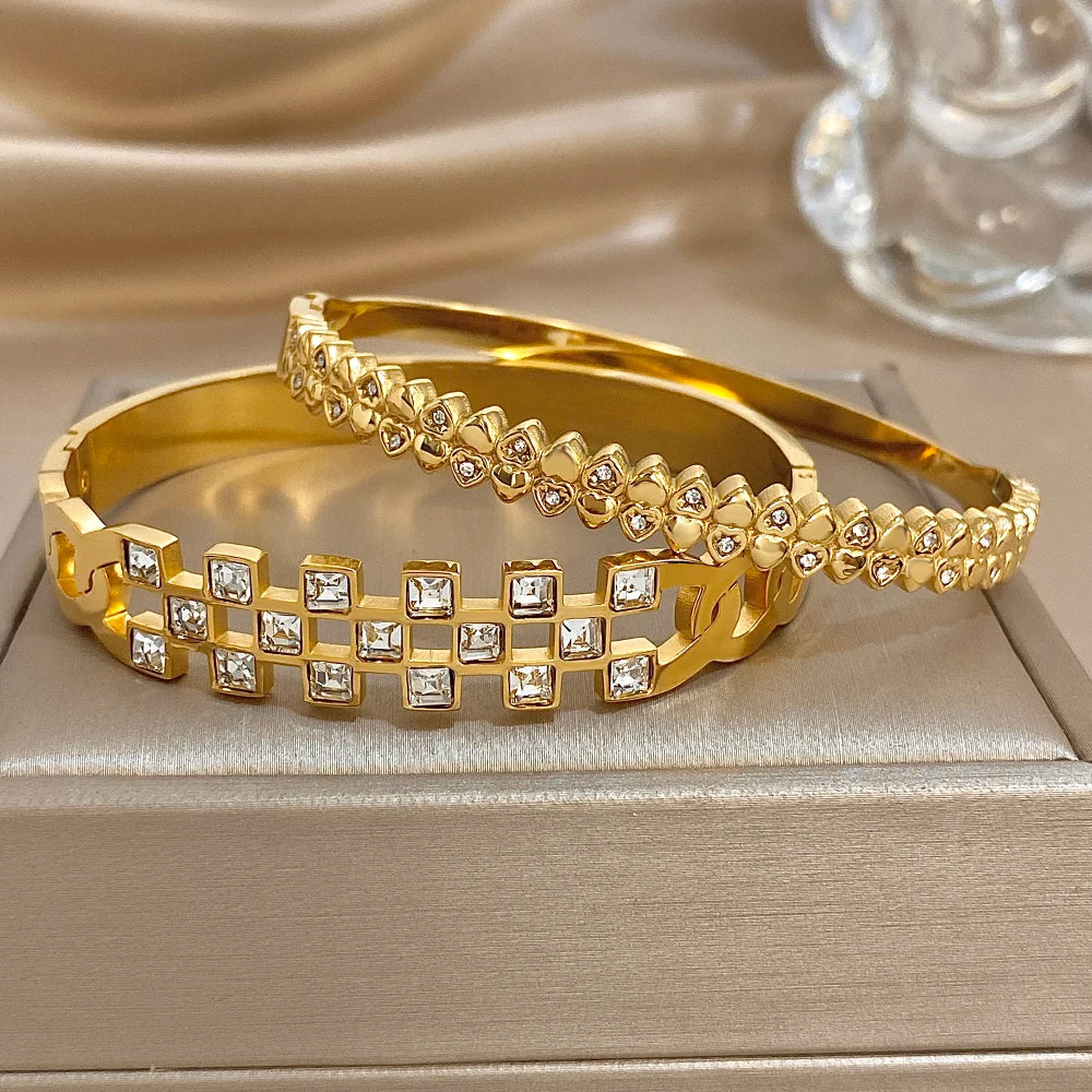 New Stainless Steel Waterproof Cuff Bracelet Bangle For Women Exquisite Shiny Inlaid Zircon Geometric Stacked Jewelry Gifts