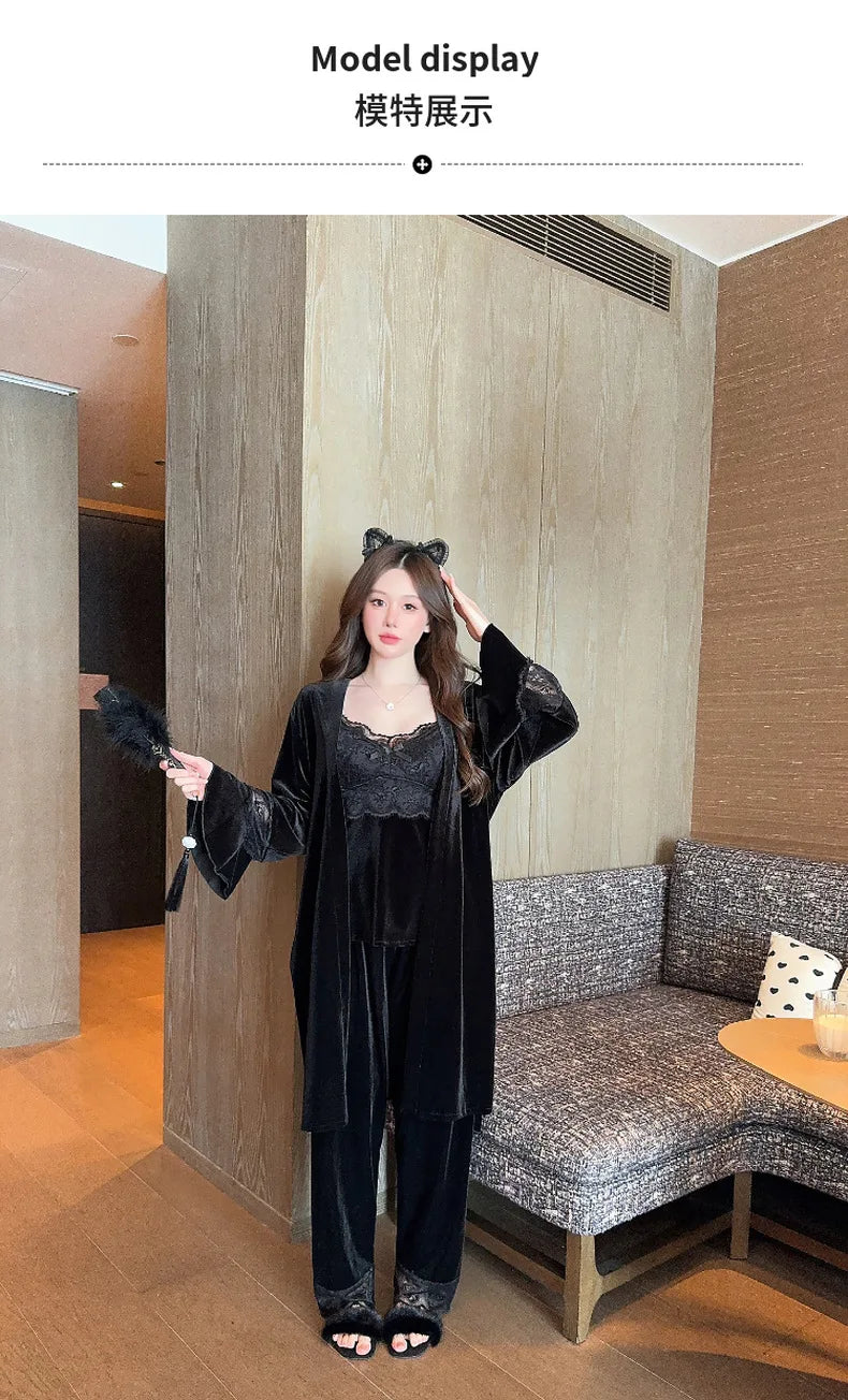 Warm Home Clothes Lady Sexy Lace Flower Trim Nightwear 3Pcs Velour Pajamas Set Luxury Velvet Cami Top&pants Loungewear Winter