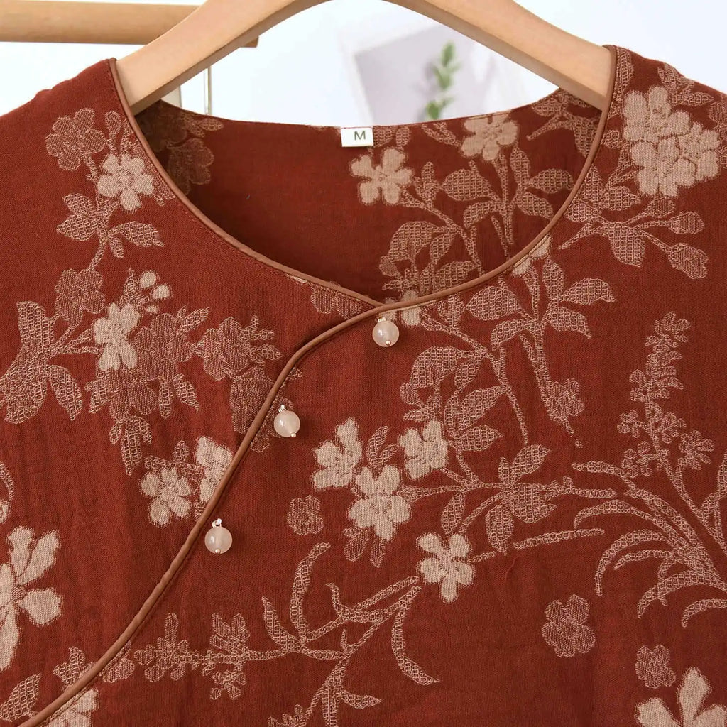 Round Neck Plum Blossom Printing Cotton Color Woven Homewear Women's Pajamas Set National Style Long Sleeve Long Trousers