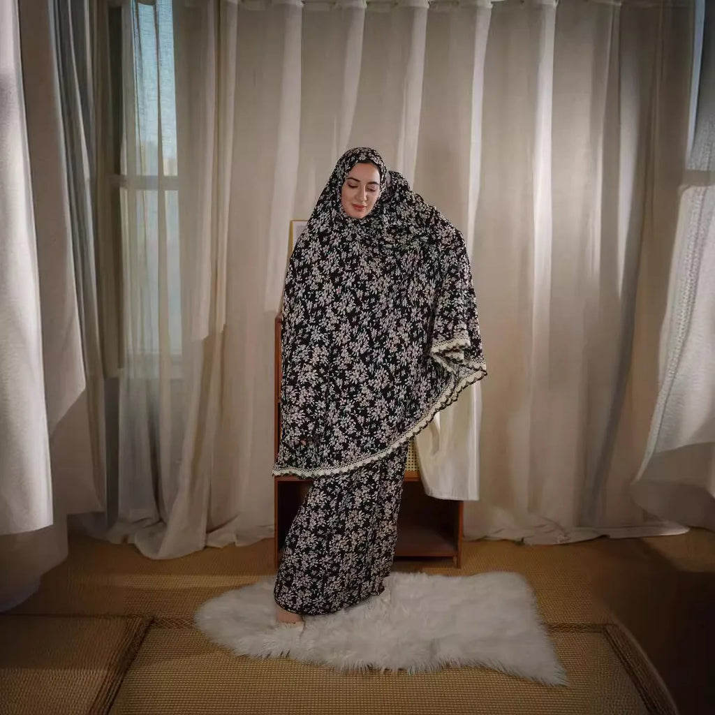 Muslim Outfits Two Pieces Prayer Flower Print Long Hooded Shirts Hijab Maxi Skirt Women Skirts Sets Ramadan Morocco musulman