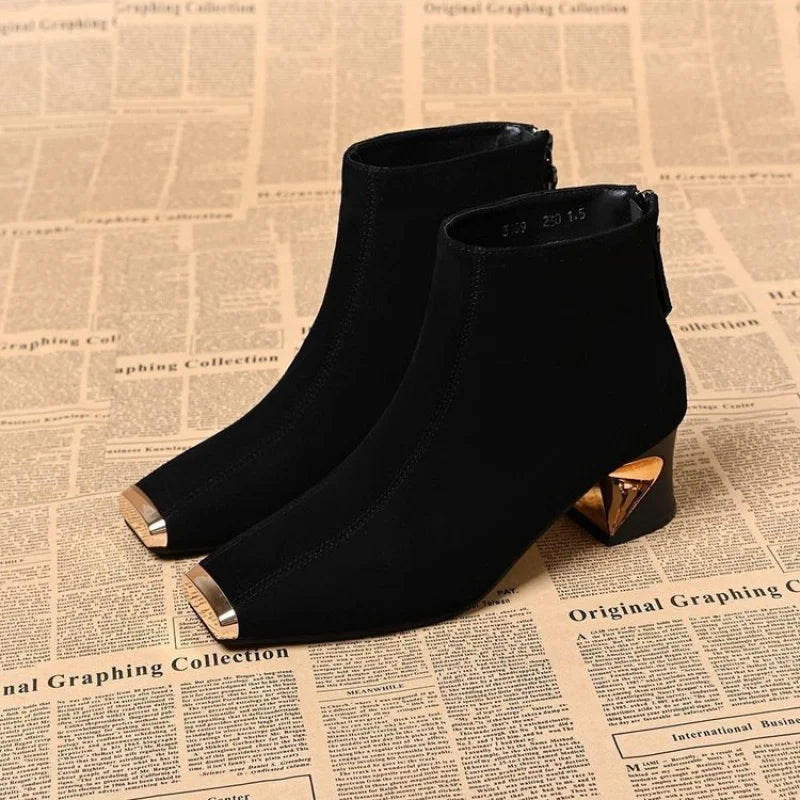 2025 New Women's Retro Square Toe Suede Ankle Boots - Metal Toe Back Zipper Chunky Heel  Boots Design Autumn Winter
