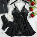 Sexy Contrast Lace and Mesh Ruffle Babydoll Dress Woman Sexy Nightgown V-neck Open Bra Sleep Skirt Nighties