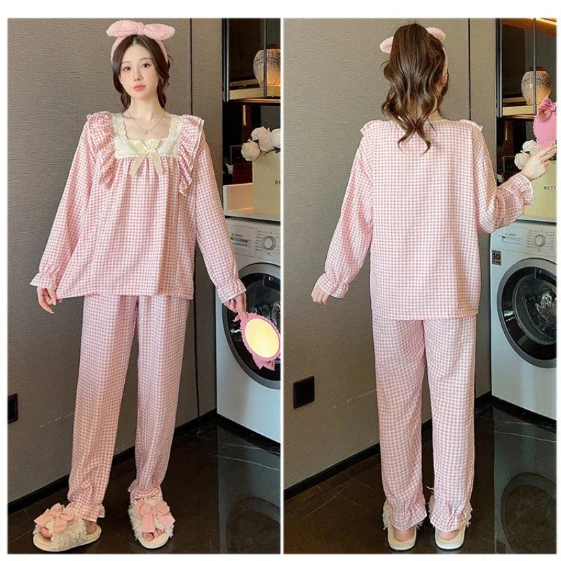 100kg Plus Size Cherry Print Pajama Women Korean Sweet Spring Long Sleeve Top Long Pants Plaid Homewear Princess Loose Outfits