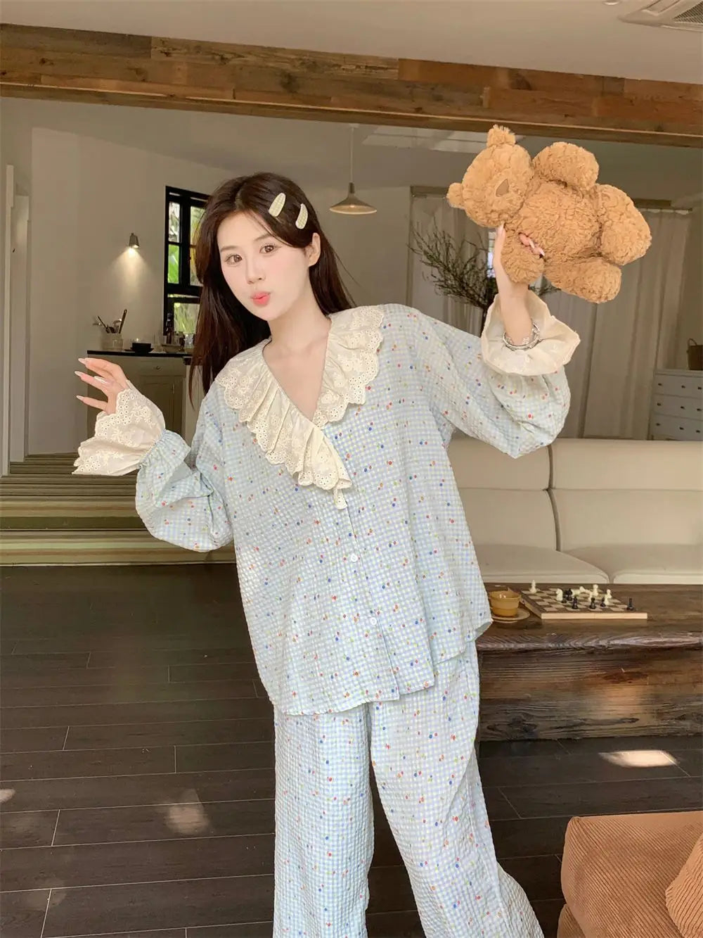 Korean Style Sweet Style Floral Pajamas for Women New Long Sleeve Long Pants Lace Trim Homewear Set Autumn Winter Loungewear Hot