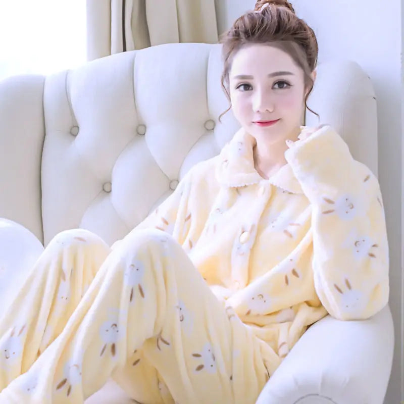 Winter Pajama Sets Women Single Breasted Tops Ankle Length Pants Thicker Cozy Nightwear Flannel Floral Warm Lounge Trendy Casual