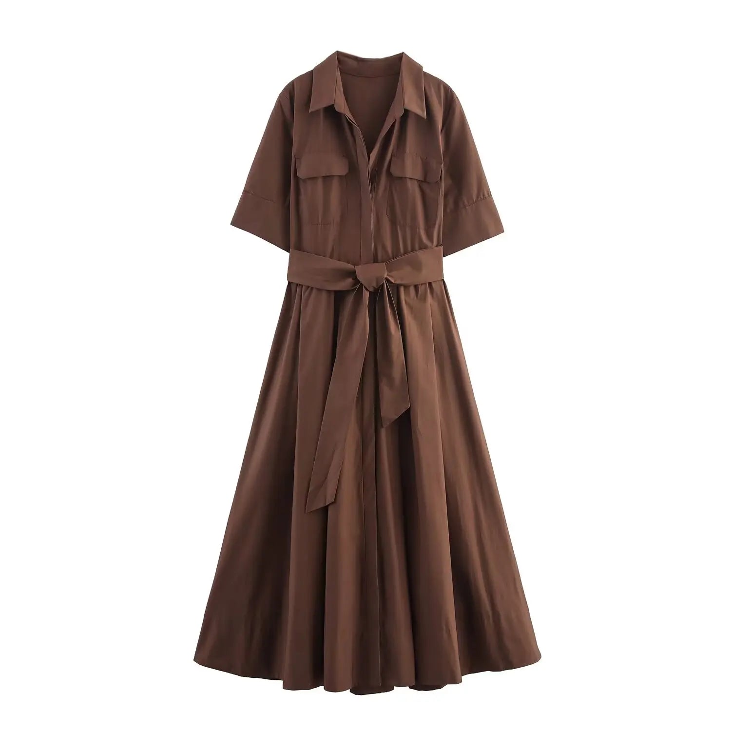 HH Women Summer Lapel Short Sleeve Pocket Single-Breasted Belt Decorate Midi Dress Female Fashion Shirt Style Pleated Dress