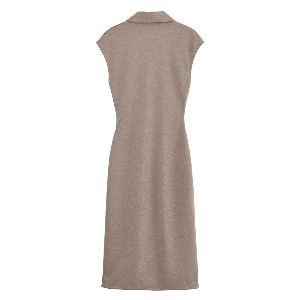 BSAY Dress for Women Fashion Summer New Fold Sleeveless V-neck Single Breasted Midi Dresses French Chic Female Evening Clothing