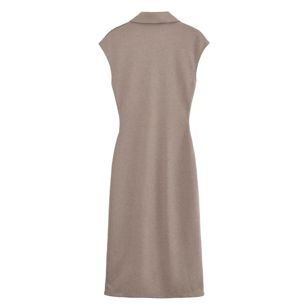 BSAY Dress for Women Fashion Summer New Fold Sleeveless V-neck Single Breasted Midi Dresses French Chic Female Evening Clothing