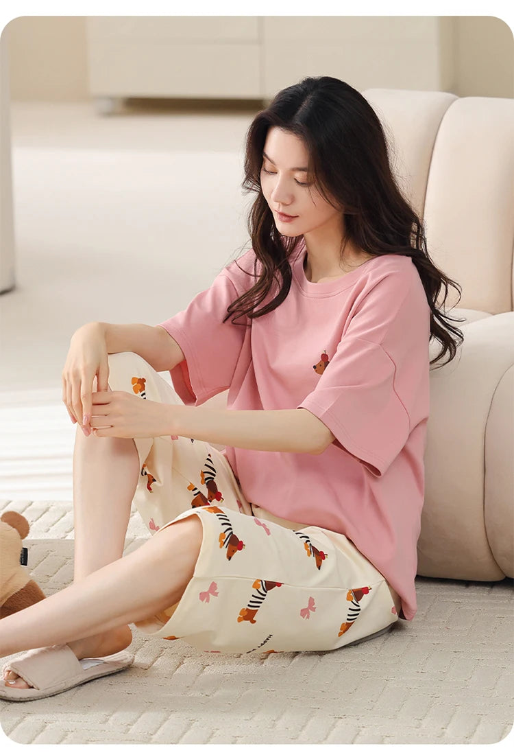 MiiOW 2Pcs Summer Women's Pajamas Set Cotton Short Sleeve Woman Homewear Cute Pink Patchwork Print Girls Pajamas Woman Sleepwear