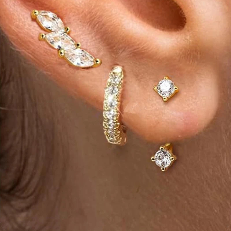 3PCS Sets Stainless Steel Square Zirconia Hoop Earrings For Women Daily Life Cartilage Stud Earrings Piercing Jewelry Gift