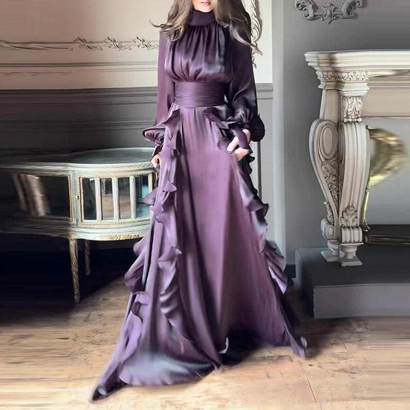 Fashion High Waist Pleat Party Dress Lady Casual High Collar Layered Banquet Dress Elegant Long Sleeve Solid Color Evening Dress