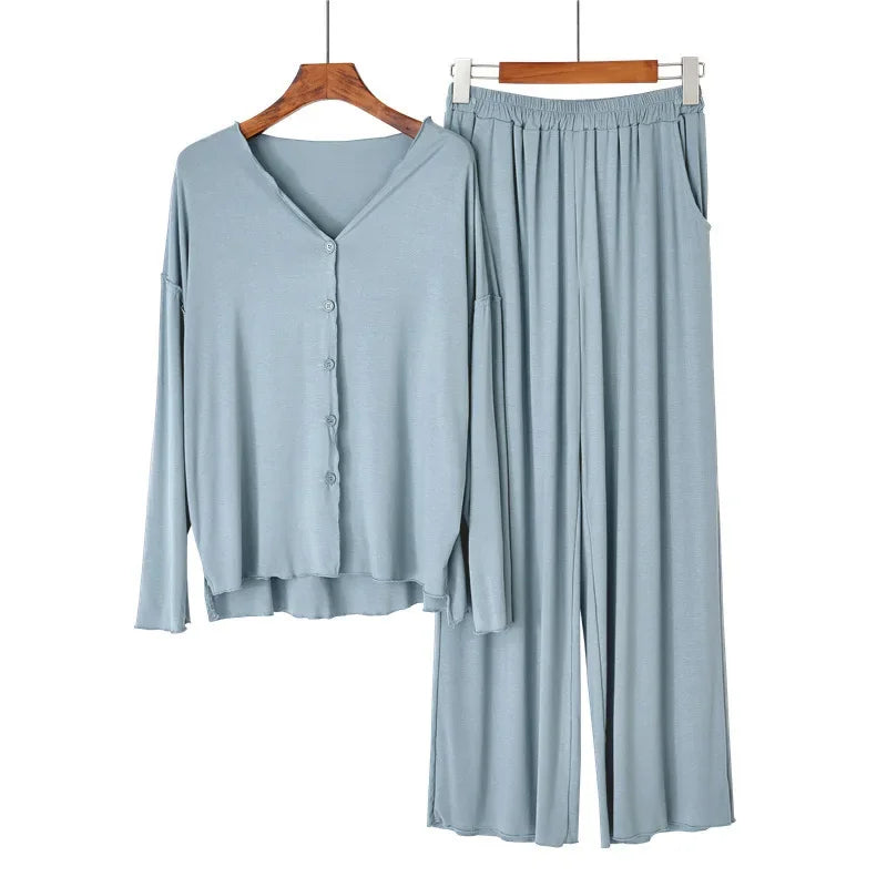 Japanese new style cotton pajamas suit ladies spring and autumn cardigan solid color long-sleeved trousers home service suit