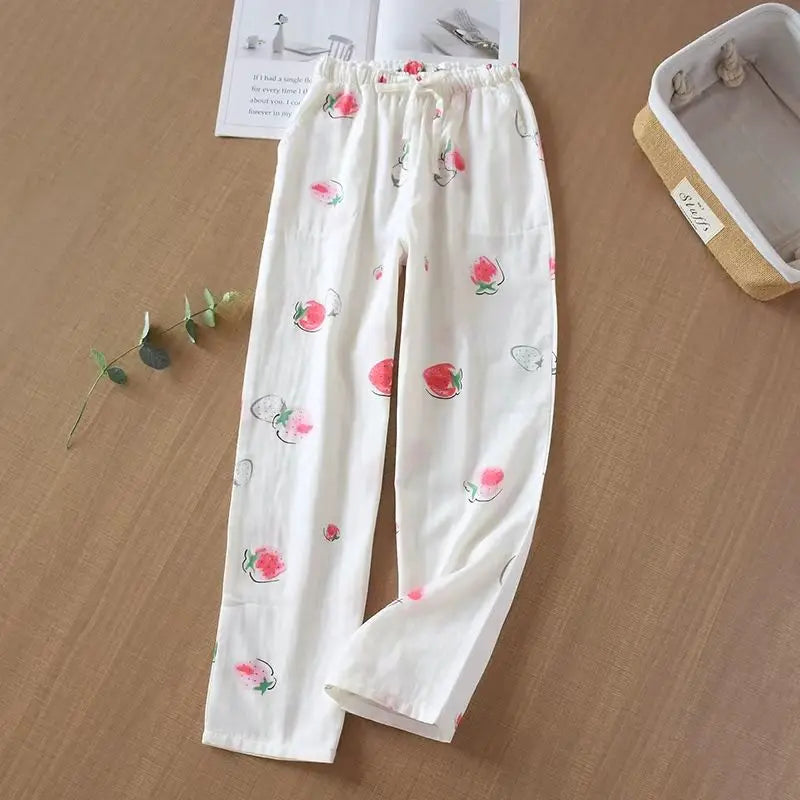 Women's Pure Cotton Pajama Pants Home Pants Double-layer Gauze Elastic Band Loose Casual Pants Cute Strawberry Home Pants 2024