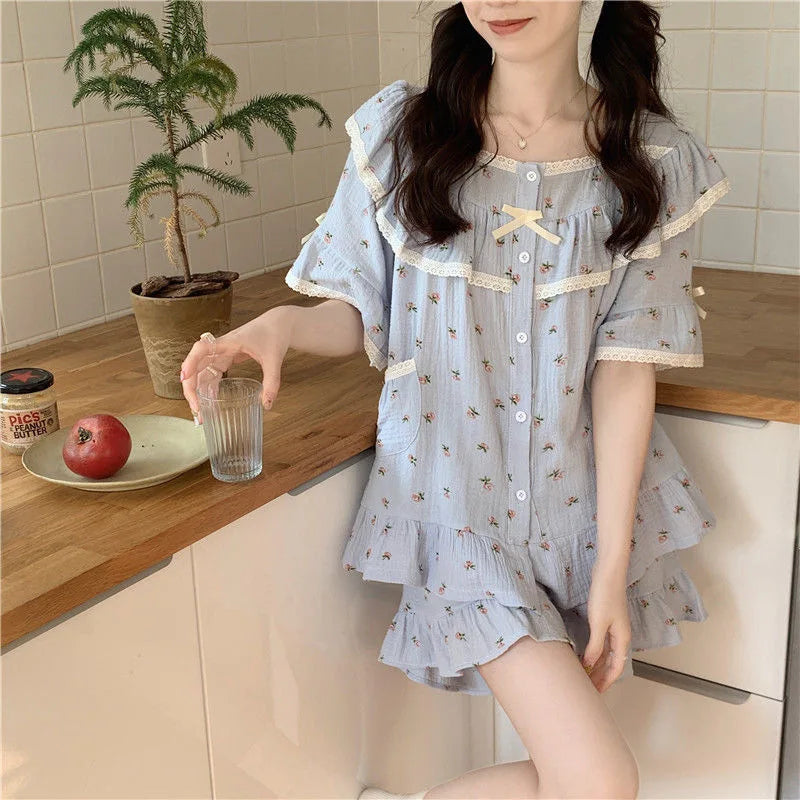 Summer Ladies Pajamas Loungewear Set Princess Style Sweet Lace Small Floral Short Sleeve Shorts Loose Plus Size Loungewear