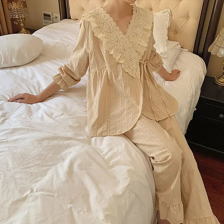 3 Colors Women's Princess Flower Embroidered Lace Pajama Sets.Vintage Lace up Pyjamas Suit.Ladies Home Sleepwear Nightclothes