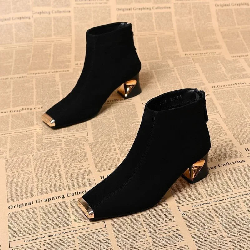2025 New Women's Retro Square Toe Suede Ankle Boots - Metal Toe Back Zipper Chunky Heel  Boots Design Autumn Winter