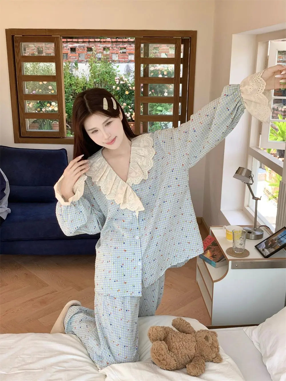 Korean Style Sweet Style Floral Pajamas for Women New Long Sleeve Long Pants Lace Trim Homewear Set Autumn Winter Loungewear Hot