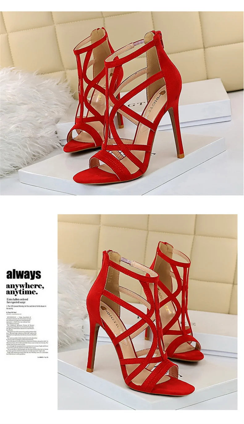Women Roman style Thin High Heels Pumps Pointed Toe Suede Hollow Strap Party Shoes Solid Solid Ankle Zip Summer Sandals