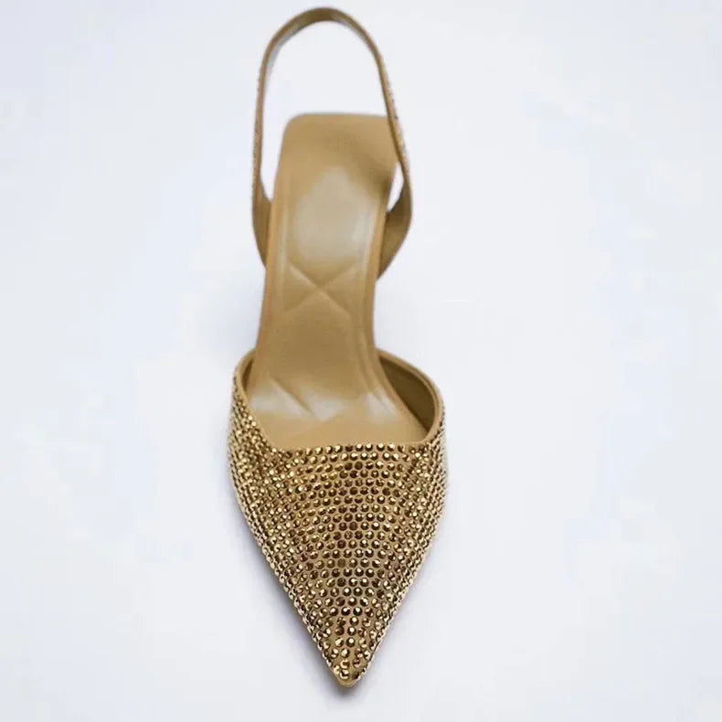 2025 Summer New Brand Women Sandals Fashion Crystal Buckle Slingback High Heels Party Elegant Gold Woman Shoes Sexy Pumps