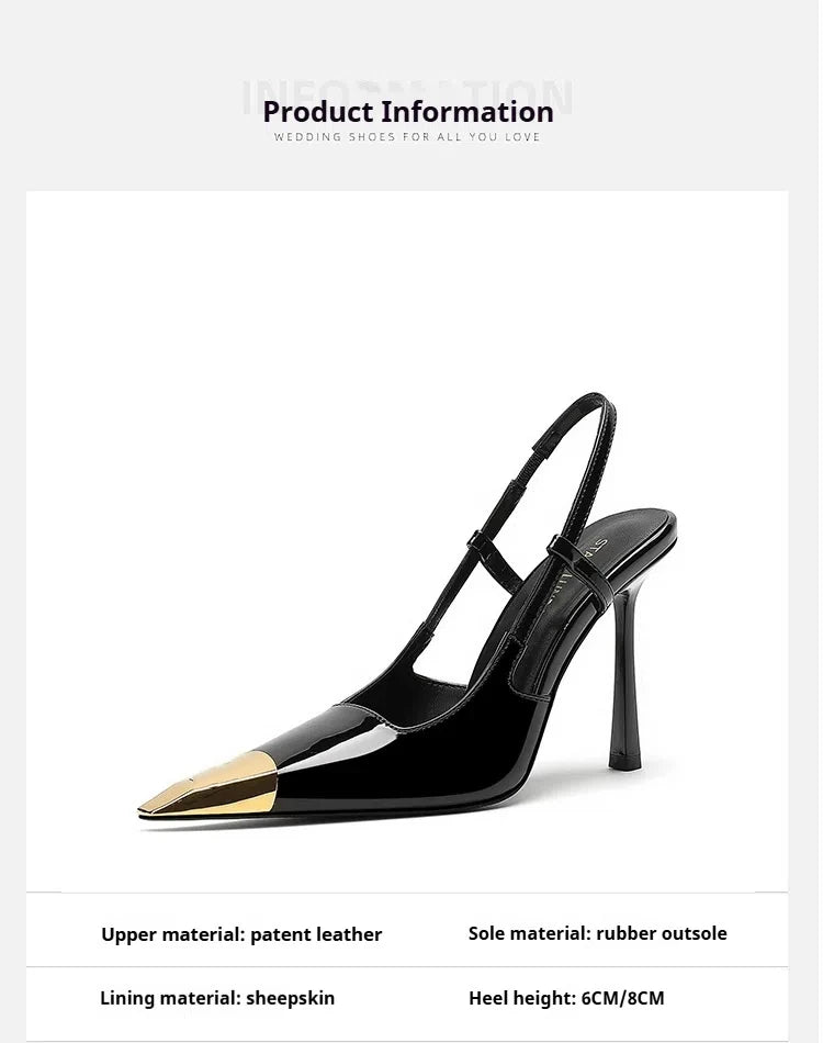 New Summer Women's High-heeled Sandals Gold Iron Head Patent Leather Black Stiletto Square Head Closed Toe Sling Back Shoes